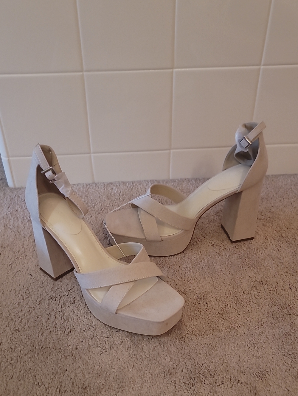 NWOT Women's Beige Platform Block Heel Sandals with Ankle Strap